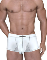 White wildman stitch big boy pouch boxer brief in white with black stitching and central seam for men