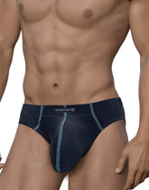Dark blue stitch big boy pouch brief by wildman brand with light gray stitching along the seams