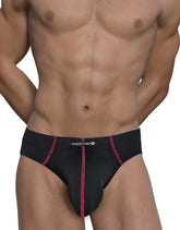 Black wildman brand stitch big boy pouch brief in black with red stitching details showing front view