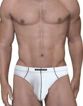 White men’s briefs with black stitching and wildman brand label from stitch big boy pouch brief white collection