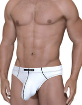 Stitch big boy pouch brief white mesh briefs with black stitching and wildman brand label front view