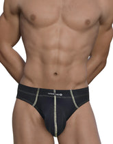 Black wildman stitch big boy pouch brief in yellow with silver stitching and mesh panel for comfort and style