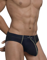 Dark blue denim-style Stitch Big Boy pouch brief with light green stitching and wildman logo on waistband in yellow