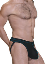 Black stitch big boy pouch jock strap with teal stitching and wicked logo on waistband in blue color