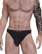 Black Stitch big boy pouch jock strap with red stitching and wildman logo on waistband front view