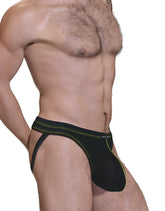 Black athletic briefs with neon green stitching and subtle widman logo on waistband in stitch big boy pouch jock strap yellow