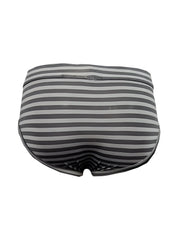 Gray and black horizontally striped men’s stretch comfort brief with contoured design for all-day support