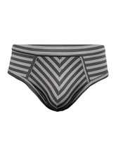 Gray and black striped men’s stretch comfort brief with a chevron pattern designed for all-day comfort