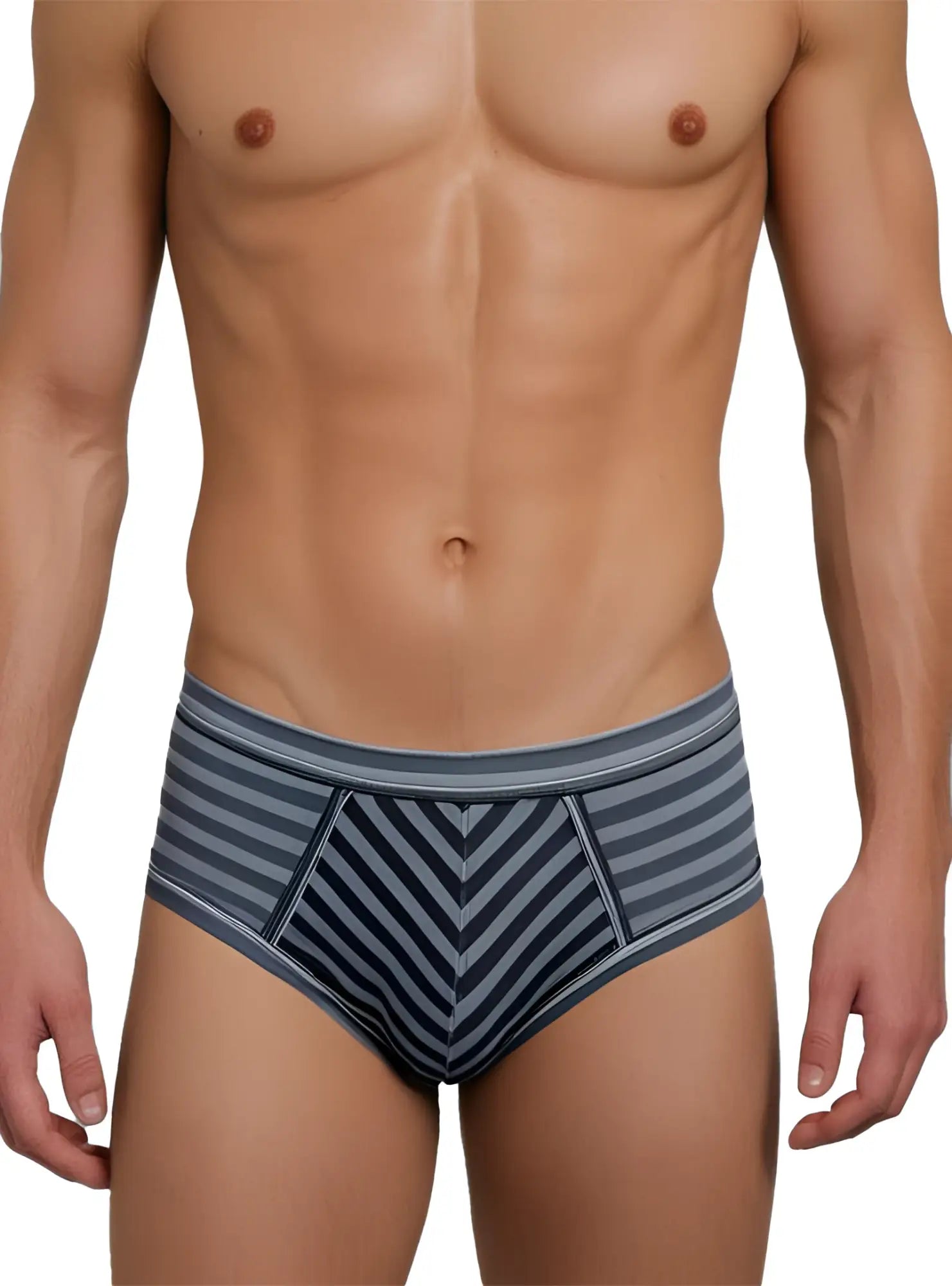 Stretch comfort brief men’s gray and navy blue striped briefs with chevron pattern front for all-day comfort