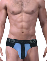 Stretch cotton big boy pouch brief in black and light blue with wildman logo on waistband and bold modern design