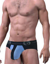 Stretch cotton big boy pouch brief in black and light blue with branded waistband for athletic comfort