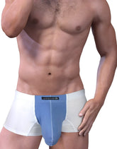 Blue and white stretch cotton boxer briefs with a central blue panel and wildman brand label