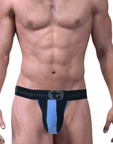 Black and light blue stretch cotton strapless jock big boy pouch briefs with wildman branded waistband