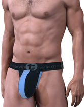 Black and light blue wildman stretch cotton strapless jockstrap with sleek contoured design pouch front