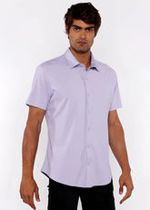 A light lavender stretch knit shirt with short sleeves classic collar and tailored fit