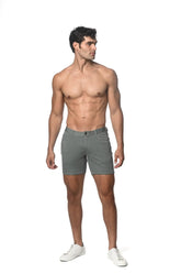 Gray stretch knit chino shorts with classic fit and button closure for comfortable everyday wear