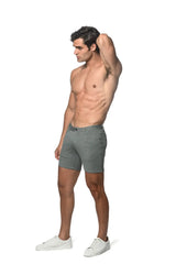 Gray stretch knit shorts with five-pocket design and belt loops made of denim material