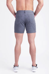 Gray heathered stretch knit cotton shorts with classic five-pocket design and belt loop waistband for casual wear