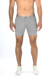 Gray heathered stretch knit shorts with sleek modern design and subtle stitching details for comfortable wear