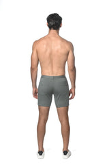 Gray stretch knit shorts with sleek modern design and subtle stitching details for comfortable wear