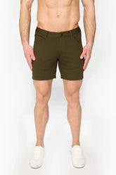 Olive green stretch knit short chino shorts with classic fit and button closure front view