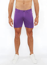 Purple stretch knit men’s shorts with a clean tailored fit and subtle stitching details for comfortable wear