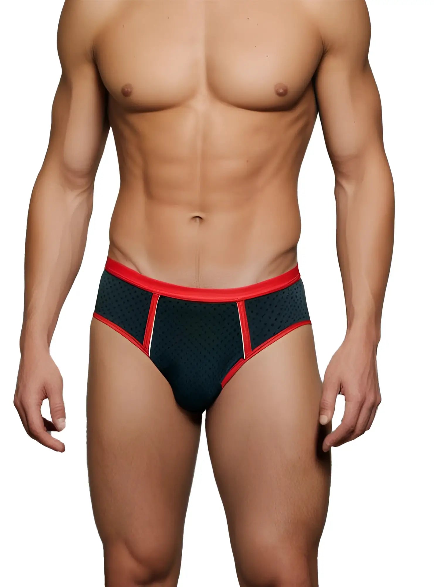 Black athletic stretch mesh briefs with red trim and perforated mesh detailing for breathable comfort