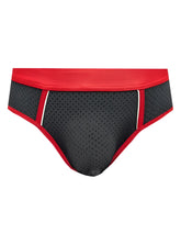 Black stretch mesh briefs with red trim and white piping showcasing breathable lightweight material