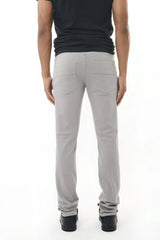 Light gray stretch twill pant in slim-fit denim with a modern cut and subtle stitching details