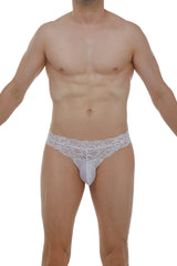 White lace-trimmed men’s thong plessis lace white with sheer, form-fitting design shown from the back side