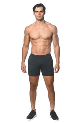 Black stripe stretch performance shorts with a subtle textured pattern and elastic waistband for athletic use