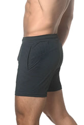 Dark gray stripe stretch performance shorts with subtle horizontal stripes and a sleek modern design