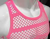 Bright pink striped fishnet tank top with mesh material and rounded neckline in a fitted design