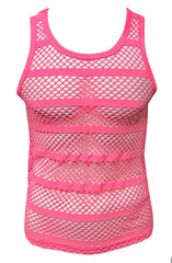 A vibrant pink striped fishnet tank top with horizontal solid fabric bands made of mesh material