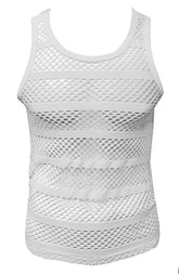 White striped fishnet tank top with horizontal ribbed mesh bands showing front side design details