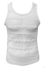 White striped fishnet tank top with horizontal ribbed mesh bands showing front side design details