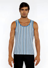 Blue and white striped knit tank top with ribbed neckline in open knit design for casual summer wear