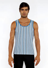 Blue and white striped knit tank top with ribbed neckline in open knit design for casual summer wear