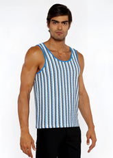 Blue and white striped open knit tank top with ribbed neckline made from breathable knit fabric