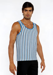 Blue and white striped open knit tank top with ribbed neckline made from breathable knit fabric