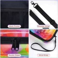 Suitcase handbag rainbow holographic transparent organizer bag with black zipper pulls and adjustable shoulder strap
