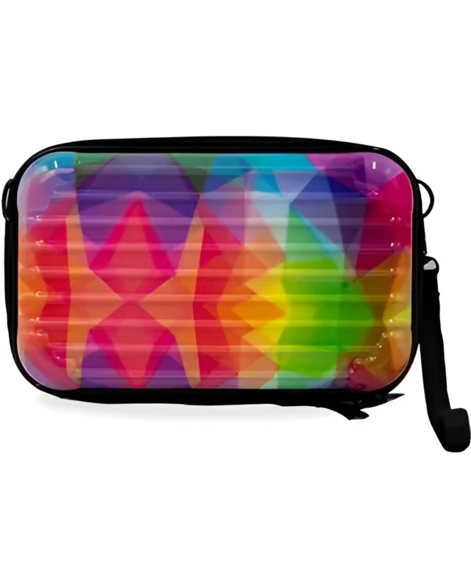 Suitcase hanbag translucent cosmetic case with geometric rainbow pattern black zipper and strap