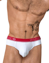 White summer big boy pouch briefs with red waistband featuring wildman brand name and logo
