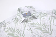 White button-down summer rain s/s shirt with subtle green palm leaf pattern and suslo couture label at the collar