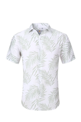 White short-sleeved button-up summer rain s/s shirt with light green palm leaf pattern perfect for warm weather