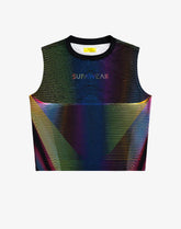 SUPAWEAR black crop tank featuring a vibrant rainbow-colored wave and line pattern on a white background.