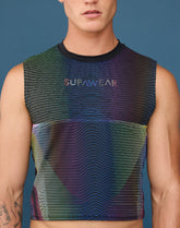 Model wearing SUPAWEAR black crop tank with rainbow topographic line pattern and SUPAWEAR logo on chest.