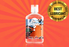 Clear plastic bottle of superslyde silicone lubricant with white cap and colorful cartoon label