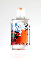 Clear plastic bottle of superslyde silicone lubricant with vibrant orange red and blue label for smooth application