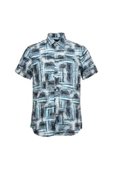 Suslo crinkled fabric short-sleeved shirt with teal and black abstract geometric pattern in lightweight fabric